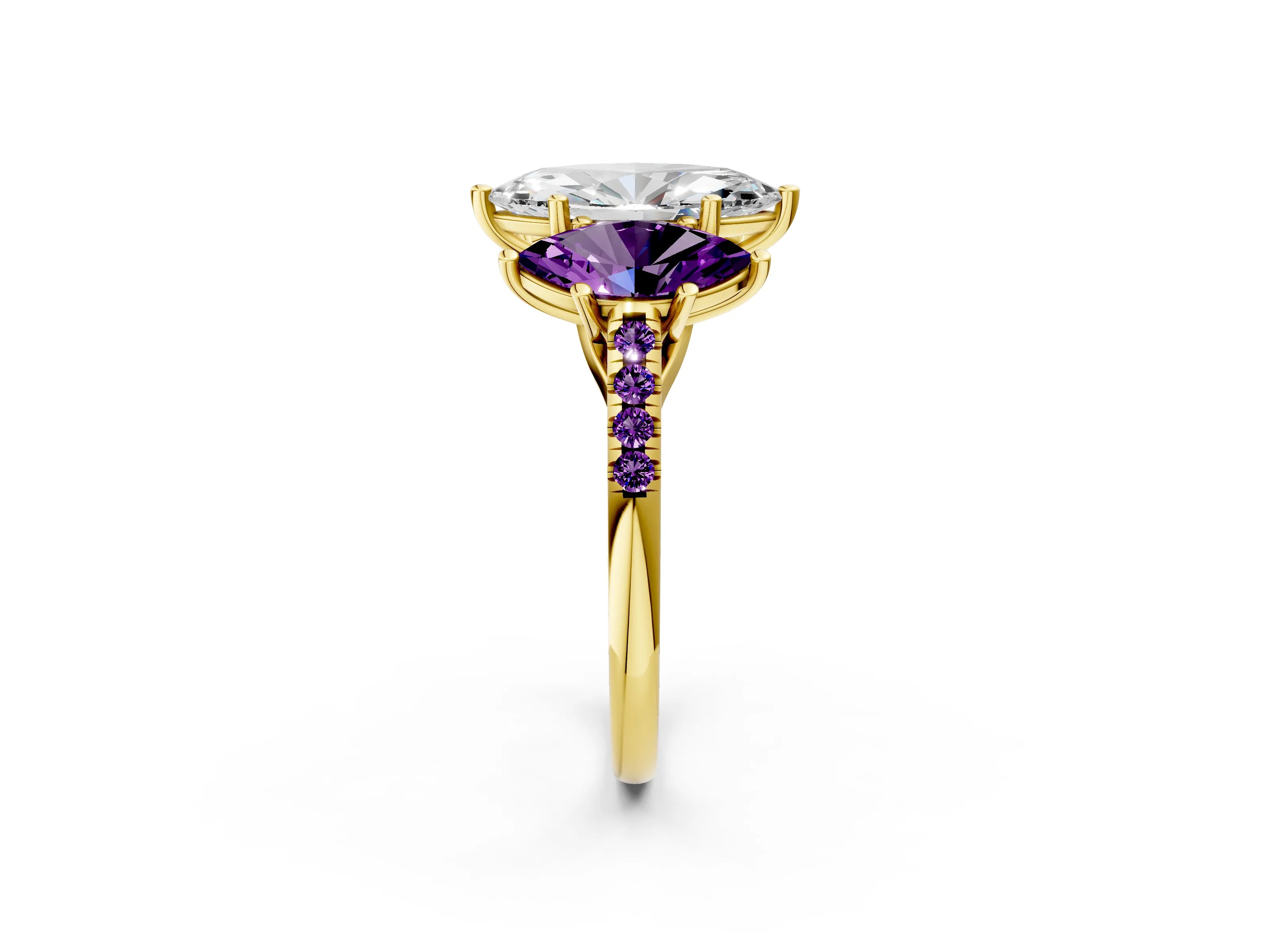 Yellow gold Three-Stone Marquise Cut Diamond Ring with Round with Amethyst side stone Pavé Band and Prong Setting_2