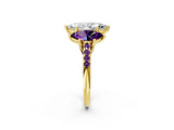 Yellow gold Three-Stone Marquise Cut Diamond Ring with Round with Amethyst side stone Pavé Band and Prong Setting_2