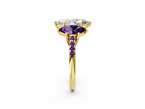 Yellow gold Three-Stone Marquise Cut Diamond Ring with Round with Amethyst side stone Pavé Band and Prong Setting_2