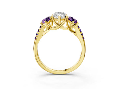 Yellow gold Three-Stone Marquise Cut Diamond Ring with Round with Amethyst side stone Pavé Band and Prong Setting_3