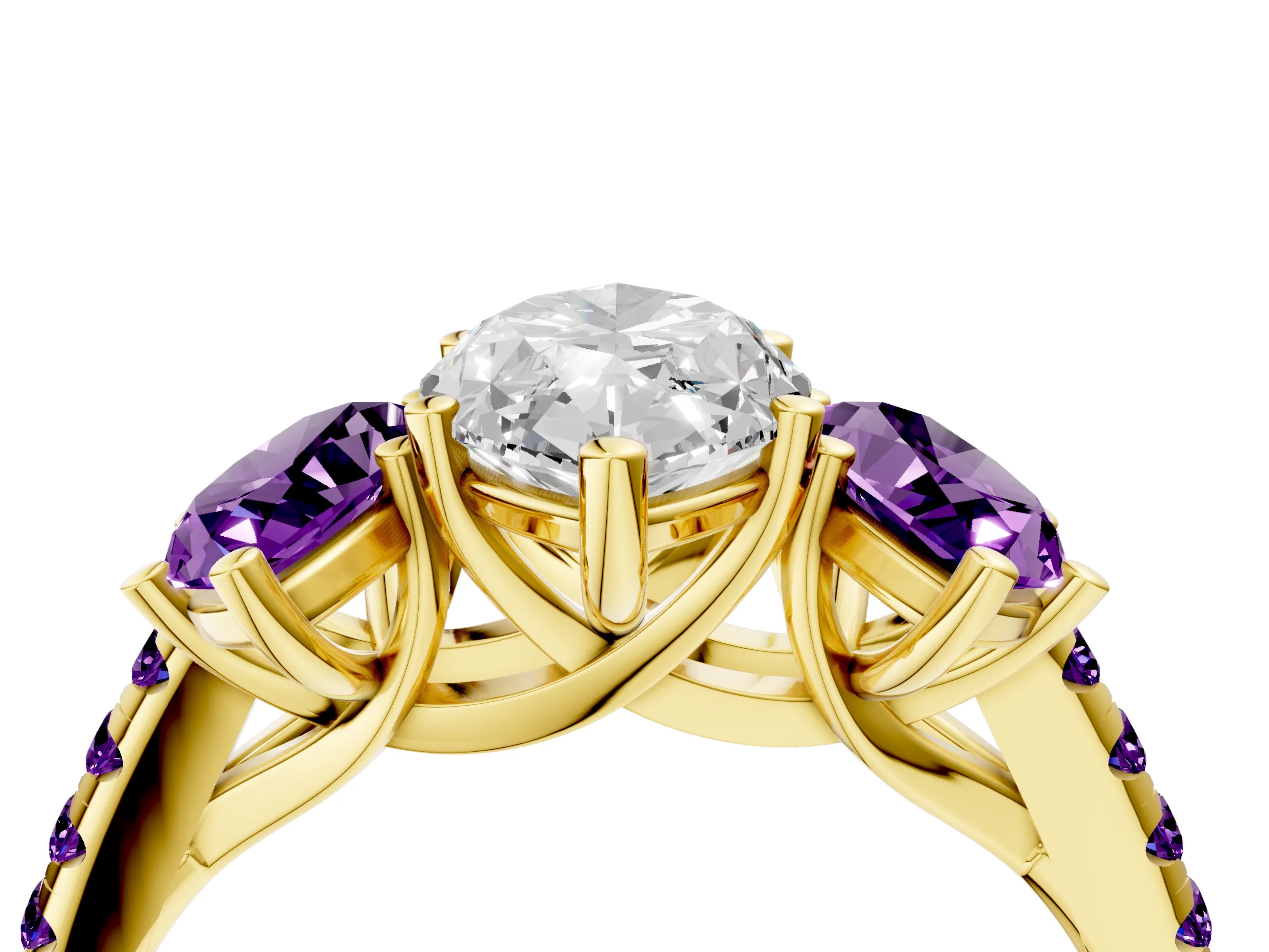 Yellow gold Three-Stone Marquise Cut Diamond Ring with Round with Amethyst side stone Pavé Band and Prong Setting_4