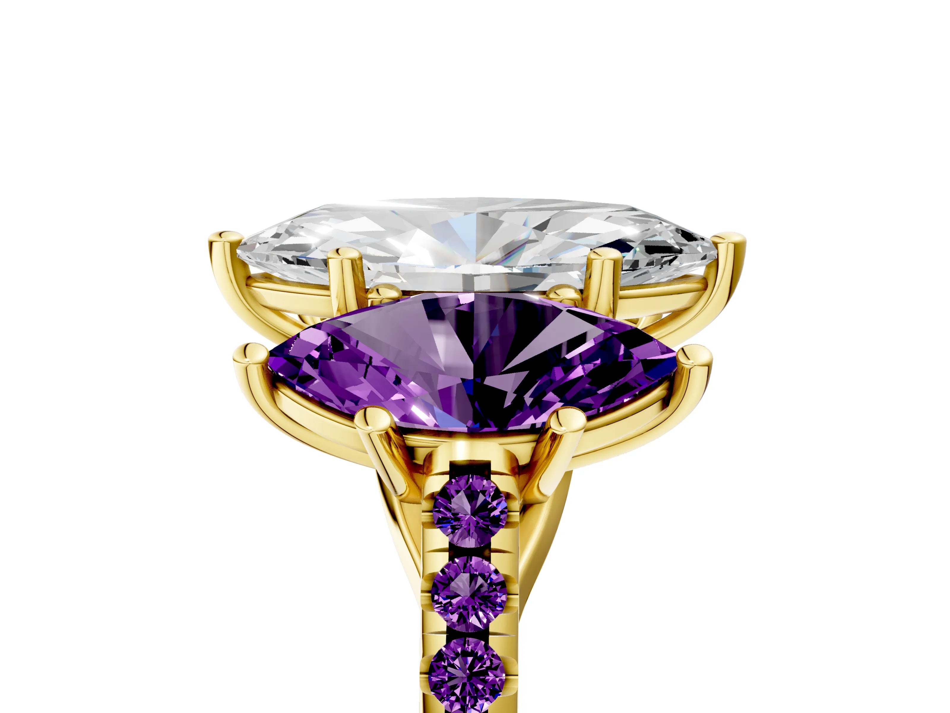 Yellow gold Three-Stone Marquise Cut Diamond Ring with Round with Amethyst side stone Pavé Band and Prong Setting_5