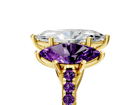 Yellow gold Three-Stone Marquise Cut Diamond Ring with Round with Amethyst side stone Pavé Band and Prong Setting_5