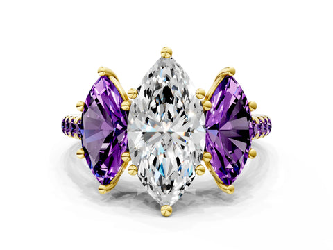 Yellow gold Three-Stone Marquise Cut Diamond Ring with Round with Amethyst side stone Pavé Band and Prong Setting