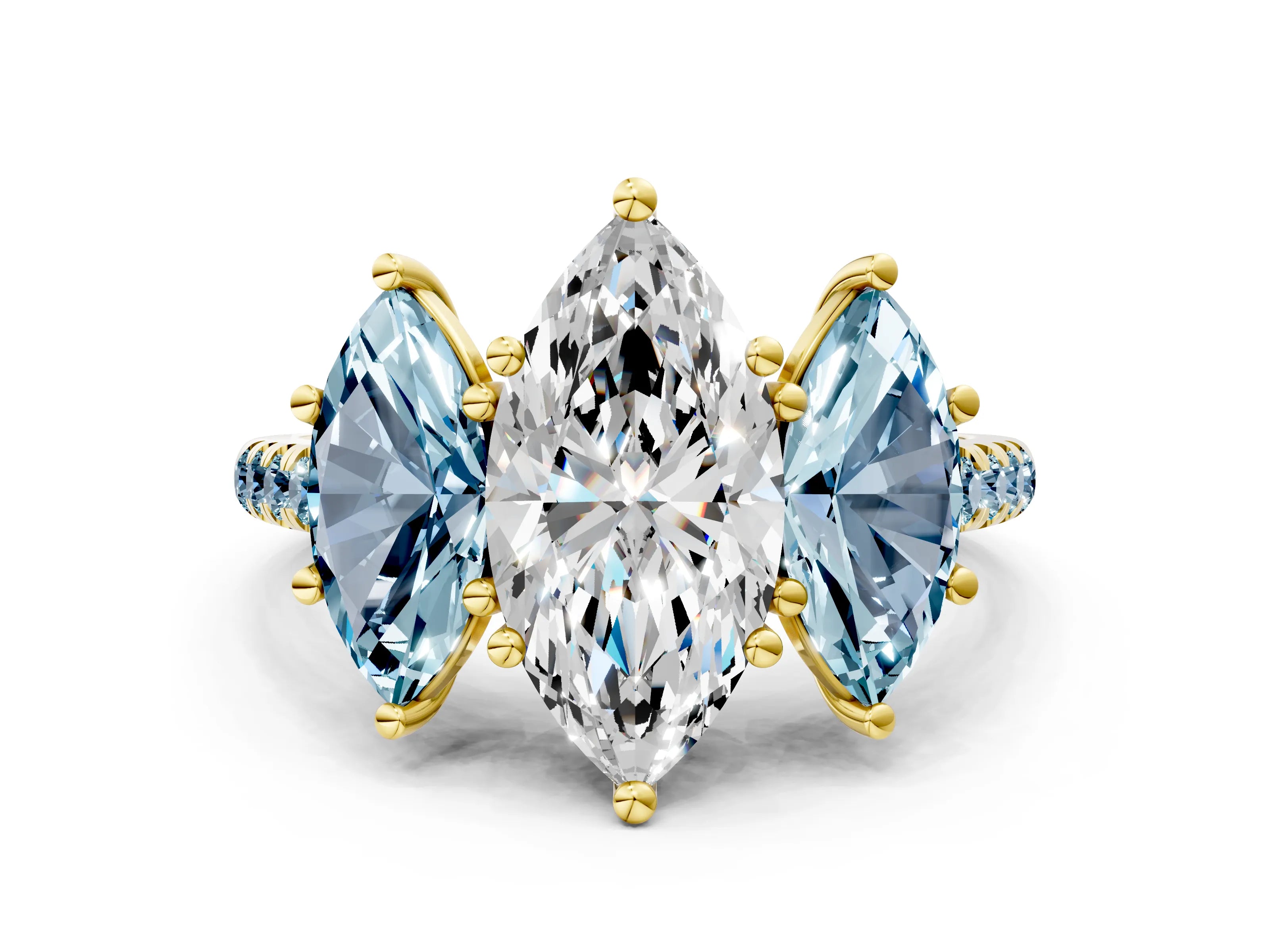 Yellow gold Three-Stone Marquise Cut Diamond Ring with Round with Aquamarine side stone Pavé Band and Prong Setting