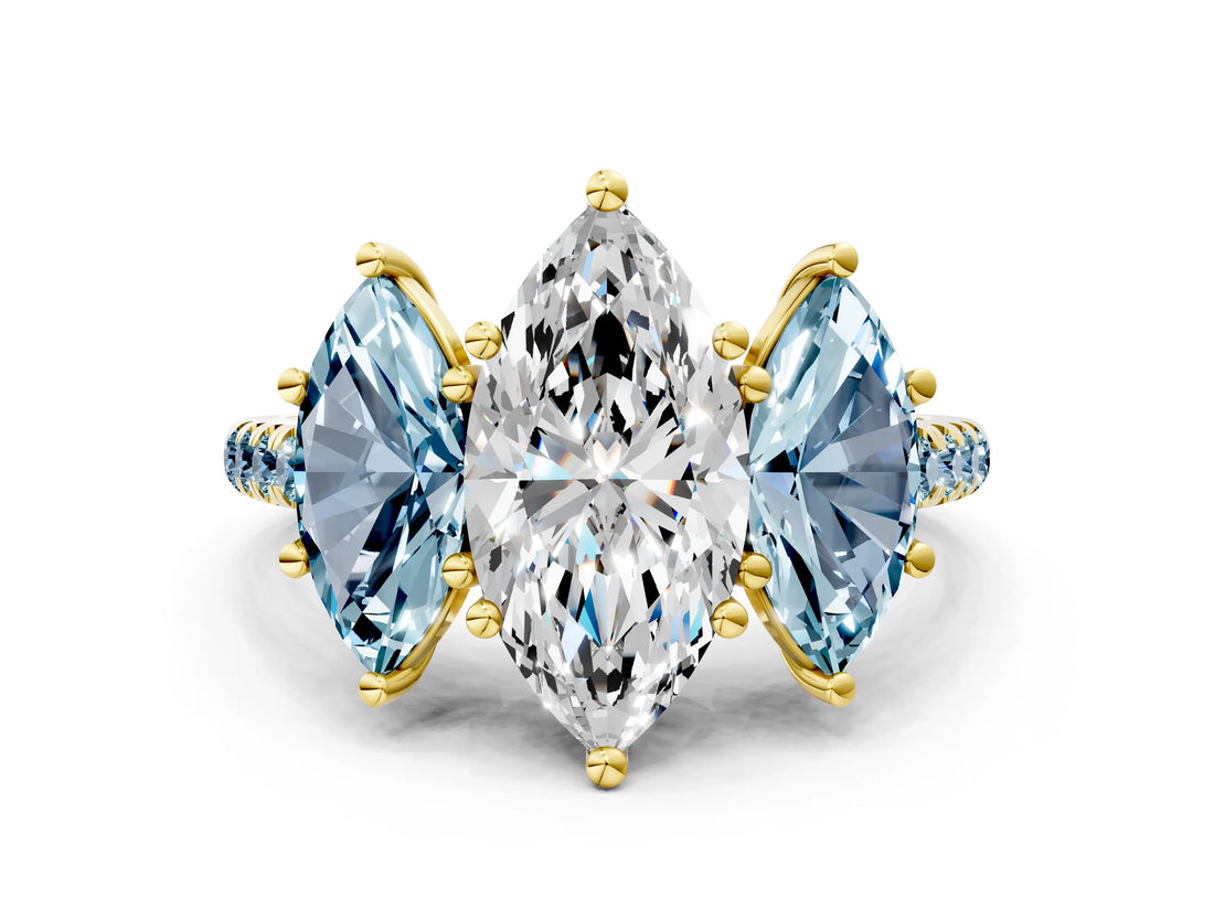 Yellow gold Three-Stone Marquise Cut Diamond Ring with Round with Aquamarine side stone Pavé Band and Prong Setting