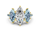 Yellow gold Three-Stone Marquise Cut Diamond Ring with Round with Aquamarine side stone Pavé Band and Prong Setting
