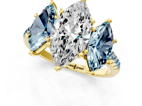 Yellow gold Three-Stone Marquise Cut Diamond Ring with Round with Aquamarine side stone Pavé Band and Prong Setting_1