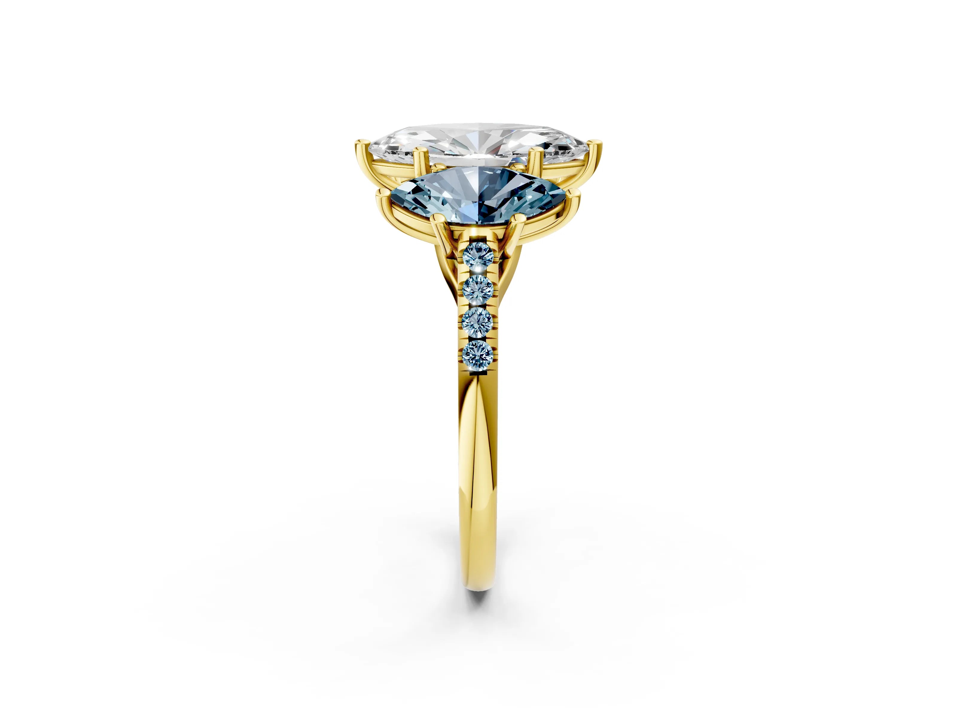 Yellow gold Three-Stone Marquise Cut Diamond Ring with Round with Aquamarine side stone Pavé Band and Prong Setting_2