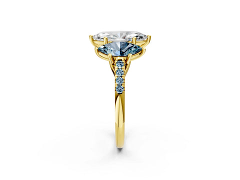 Yellow gold Three-Stone Marquise Cut Diamond Ring with Round with Aquamarine side stone Pavé Band and Prong Setting_2