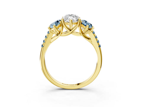 Yellow gold Three-Stone Marquise Cut Diamond Ring with Round with Aquamarine side stone Pavé Band and Prong Setting_3
