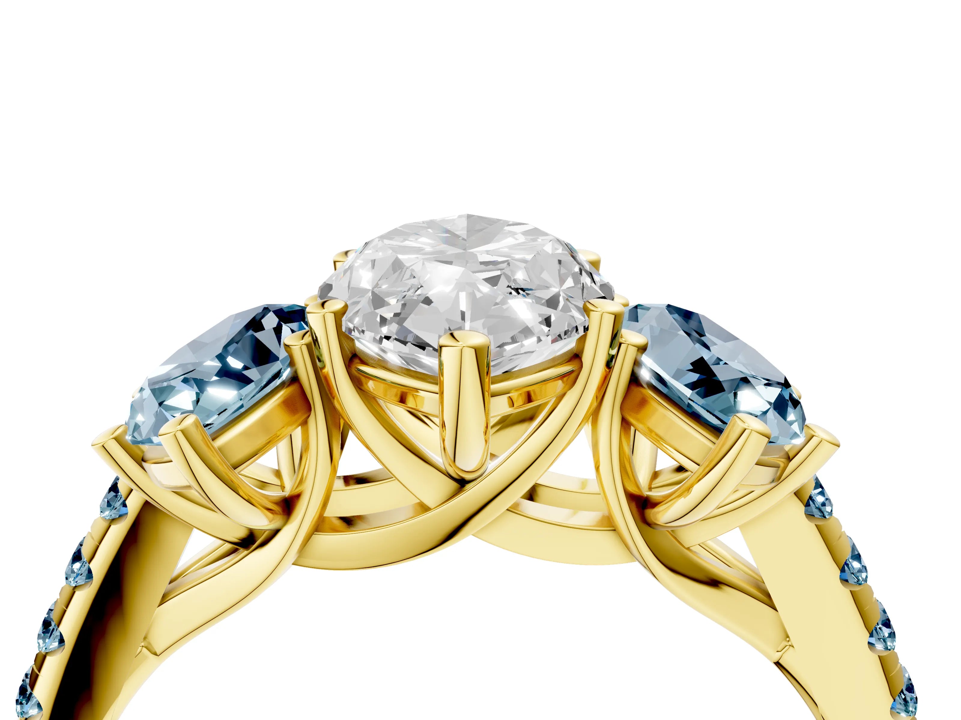 Yellow gold Three-Stone Marquise Cut Diamond Ring with Round with Aquamarine side stone Pavé Band and Prong Setting_4