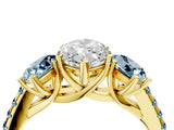 Yellow gold Three-Stone Marquise Cut Diamond Ring with Round with Aquamarine side stone Pavé Band and Prong Setting_4