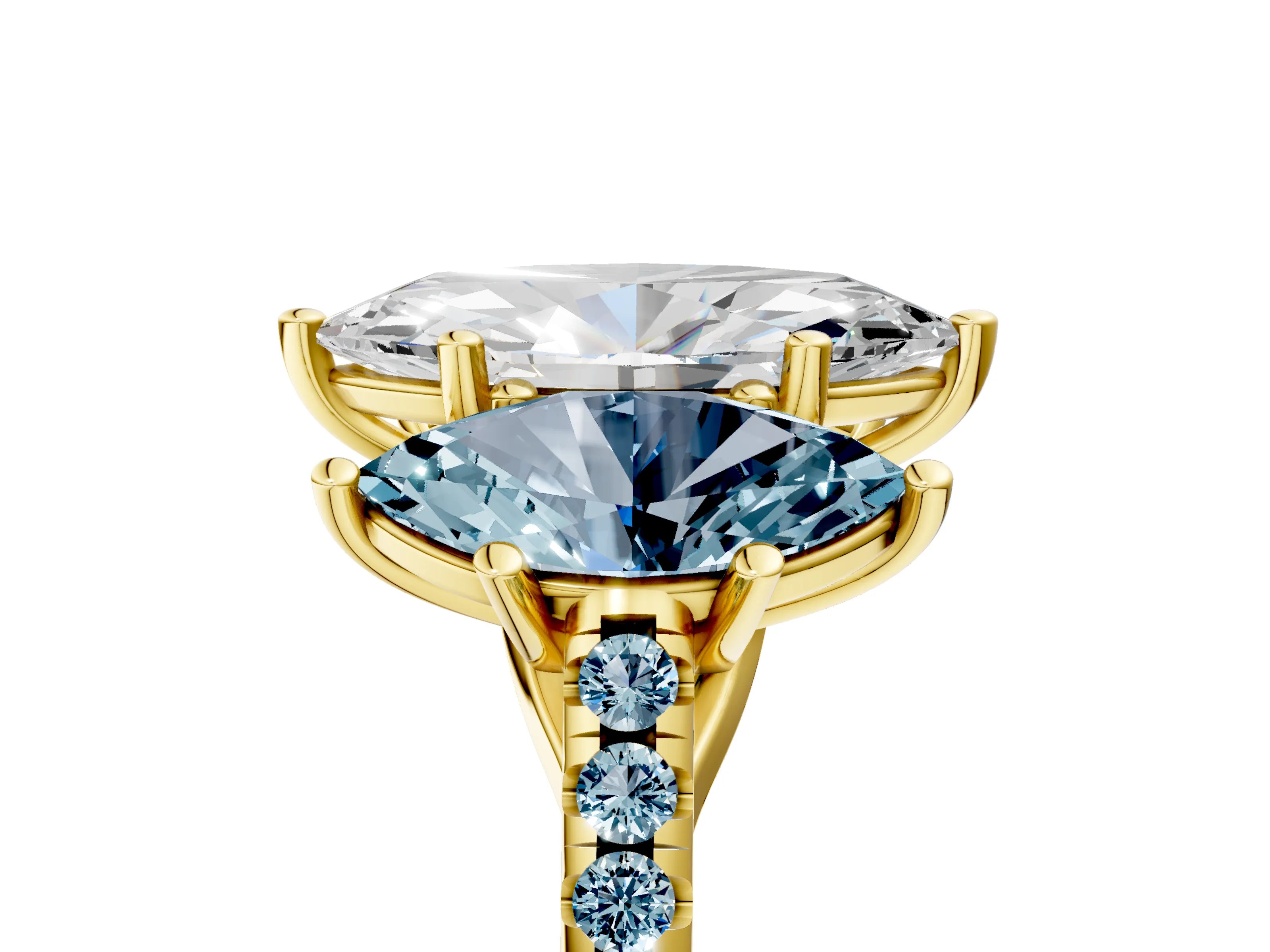 Yellow gold Three-Stone Marquise Cut Diamond Ring with Round with Aquamarine side stone Pavé Band and Prong Setting_5