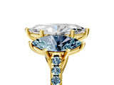 Yellow gold Three-Stone Marquise Cut Diamond Ring with Round with Aquamarine side stone Pavé Band and Prong Setting_5