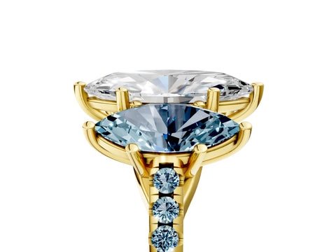 Yellow gold Three-Stone Marquise Cut Diamond Ring with Round with Aquamarine side stone Pavé Band and Prong Setting_5