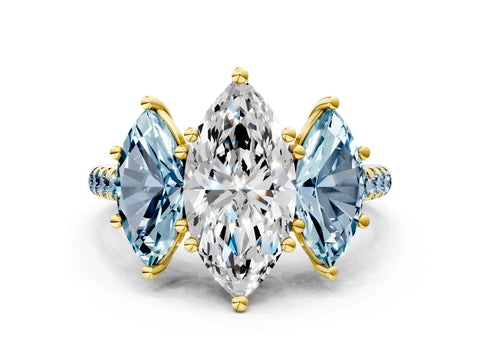 Yellow gold Three-Stone Marquise Cut Diamond Ring with Round with Aquamarine side stone Pavé Band and Prong Setting