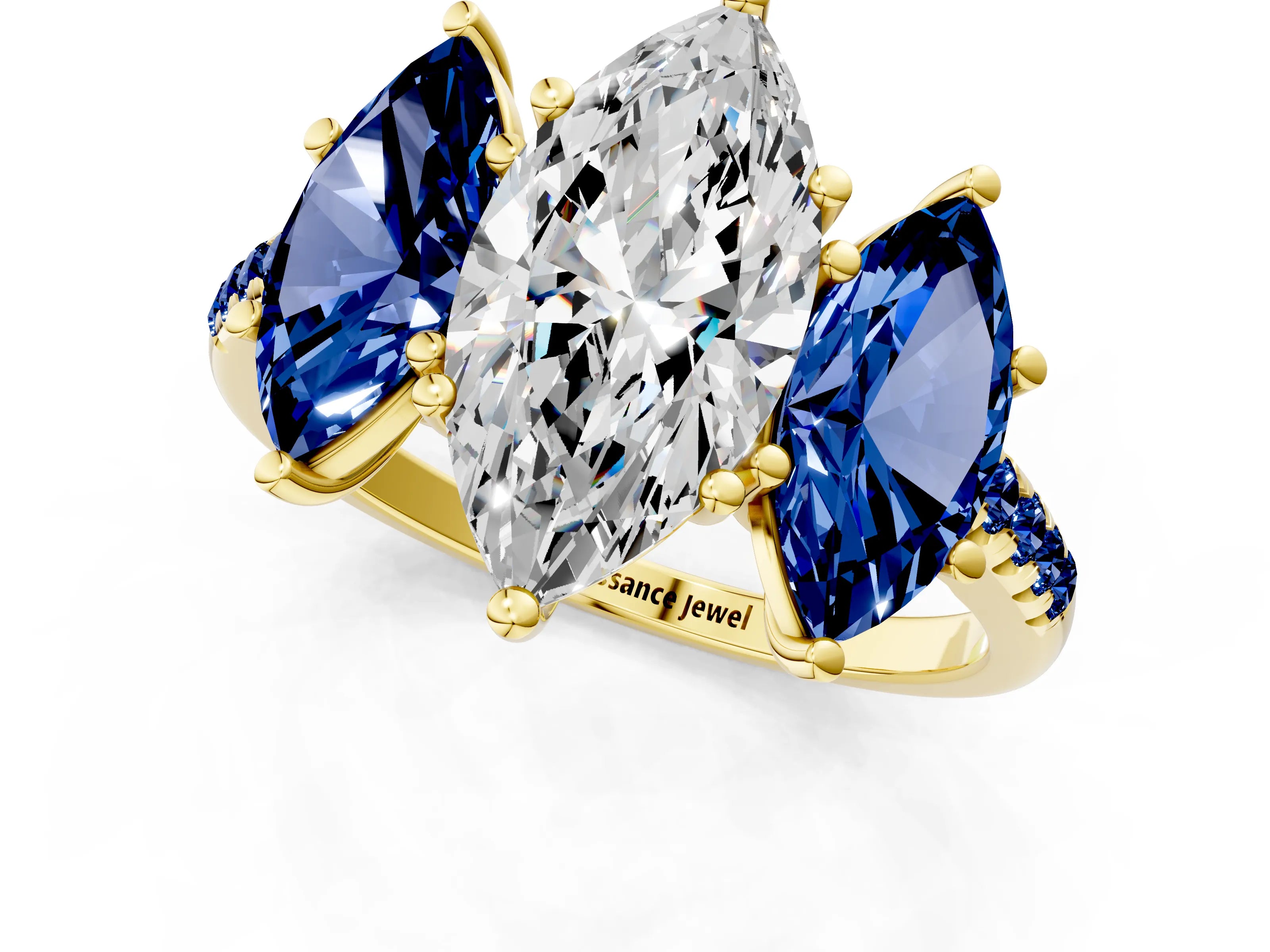 Yellow gold Three-Stone Marquise Cut Diamond Ring with Round with Blue Sapphire side stone Pavé Band and Prong Setting_1