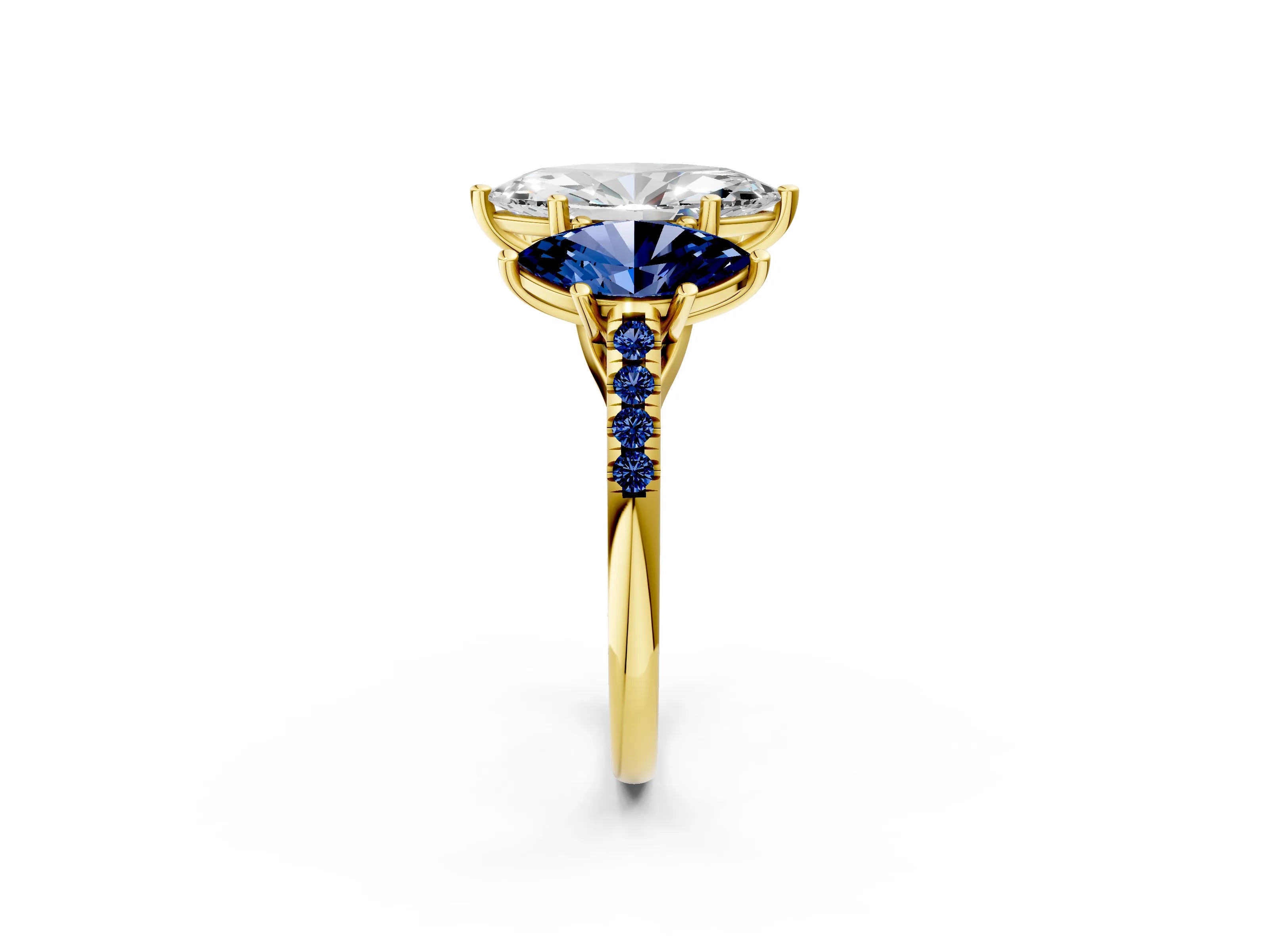 Yellow gold Three-Stone Marquise Cut Diamond Ring with Round with Blue Sapphire side stone Pavé Band and Prong Setting_2