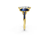 Yellow gold Three-Stone Marquise Cut Diamond Ring with Round with Blue Sapphire side stone Pavé Band and Prong Setting_2