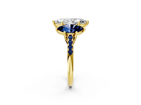 Yellow gold Three-Stone Marquise Cut Diamond Ring with Round with Blue Sapphire side stone Pavé Band and Prong Setting_2