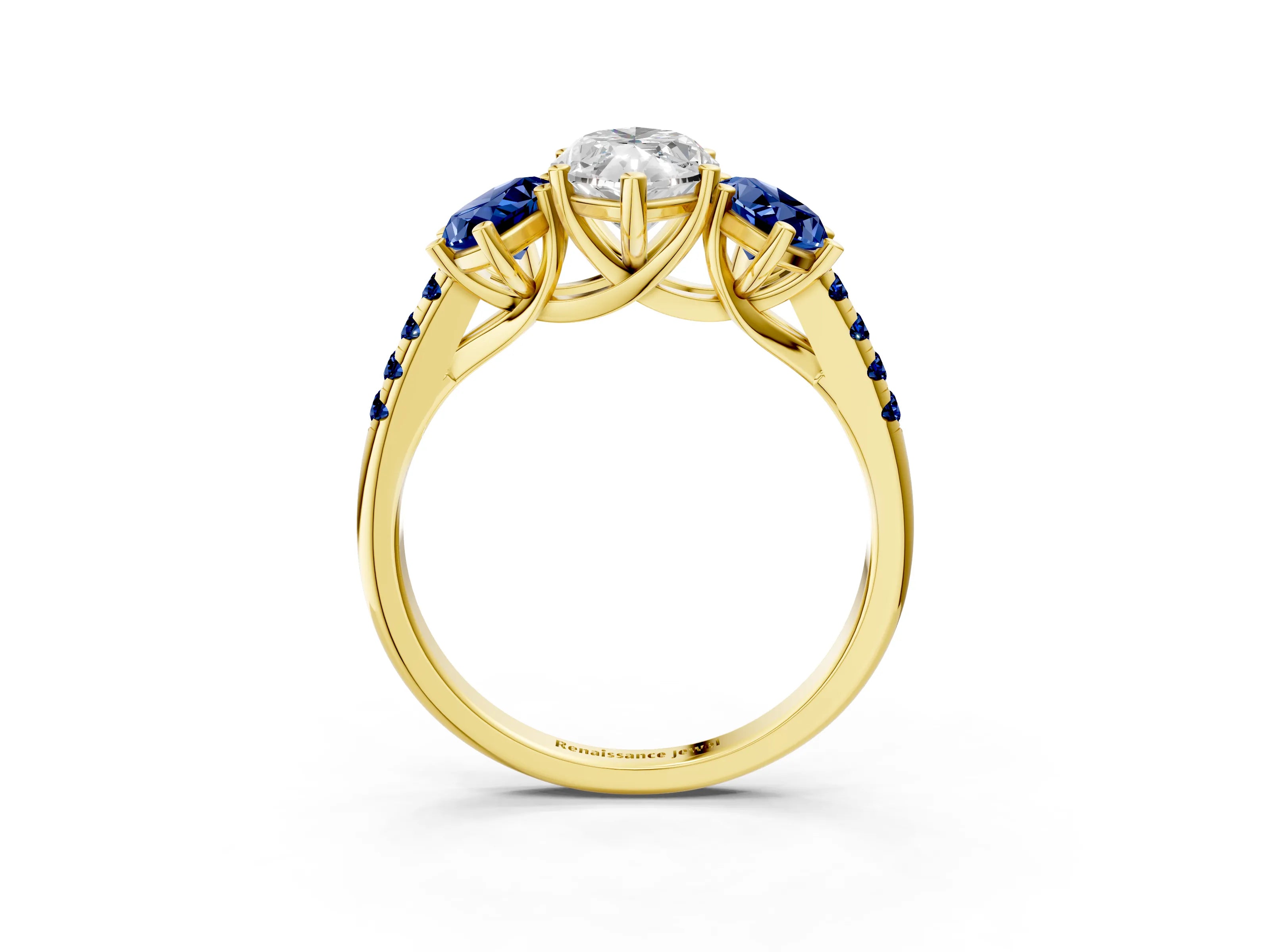 Yellow gold Three-Stone Marquise Cut Diamond Ring with Round with Blue Sapphire side stone Pavé Band and Prong Setting_3
