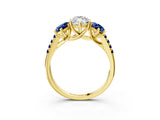 Yellow gold Three-Stone Marquise Cut Diamond Ring with Round with Blue Sapphire side stone Pavé Band and Prong Setting_3