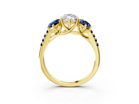 Yellow gold Three-Stone Marquise Cut Diamond Ring with Round with Blue Sapphire side stone Pavé Band and Prong Setting_3