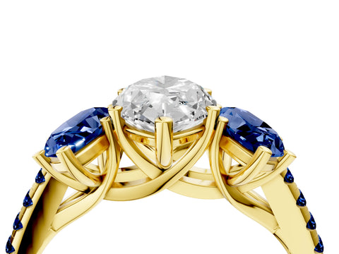 Yellow gold Three-Stone Marquise Cut Diamond Ring with Round with Blue Sapphire side stone Pavé Band and Prong Setting_4