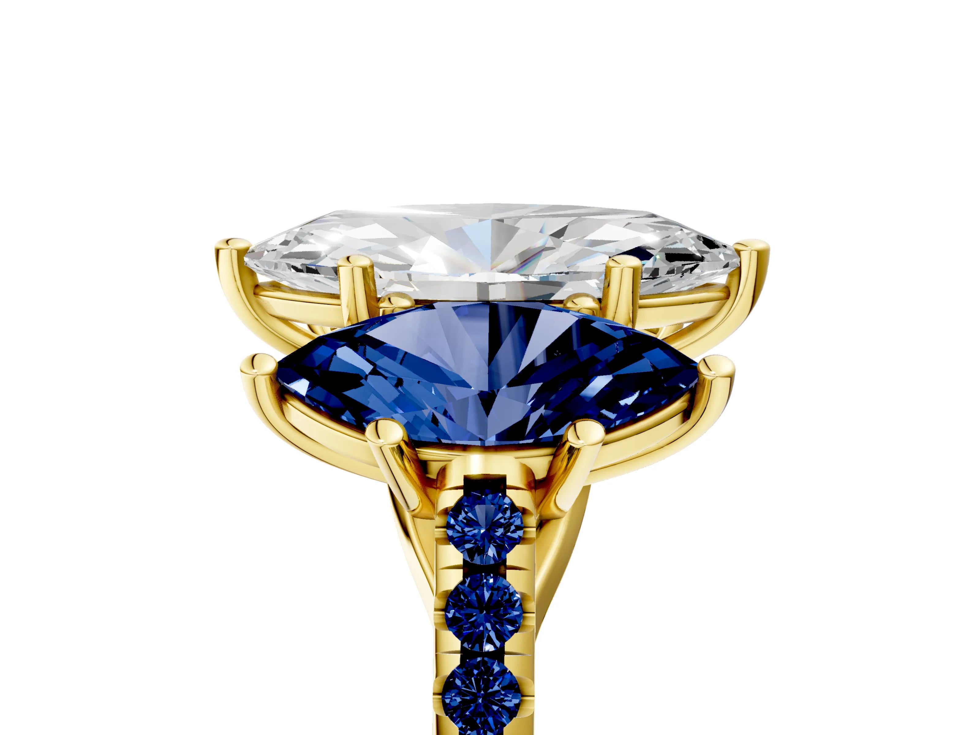 Yellow gold Three-Stone Marquise Cut Diamond Ring with Round with Blue Sapphire side stone Pavé Band and Prong Setting_5