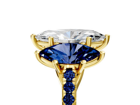 Yellow gold Three-Stone Marquise Cut Diamond Ring with Round with Blue Sapphire side stone Pavé Band and Prong Setting_5