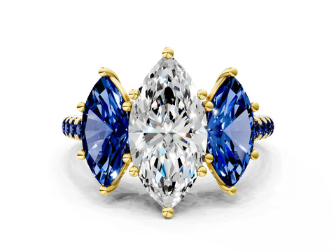 Yellow gold Three-Stone Marquise Cut Diamond Ring with Round with Blue Sapphire side stone Pavé Band and Prong Setting