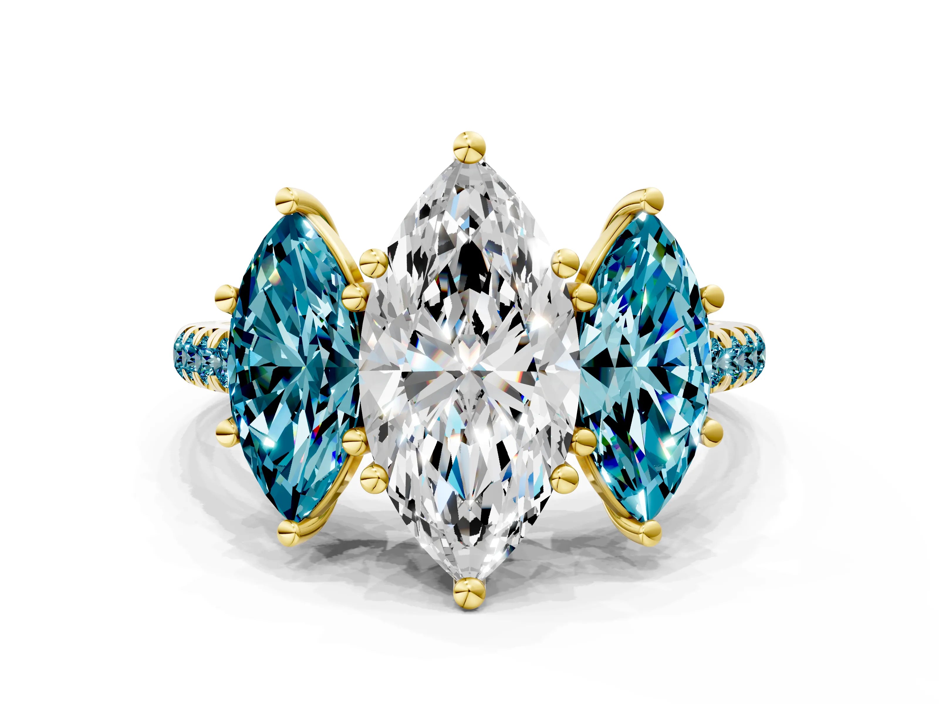 Yellow gold Three-Stone Marquise Cut Diamond Ring with Round with Blue Topaz side stone Pavé Band and Prong Setting
