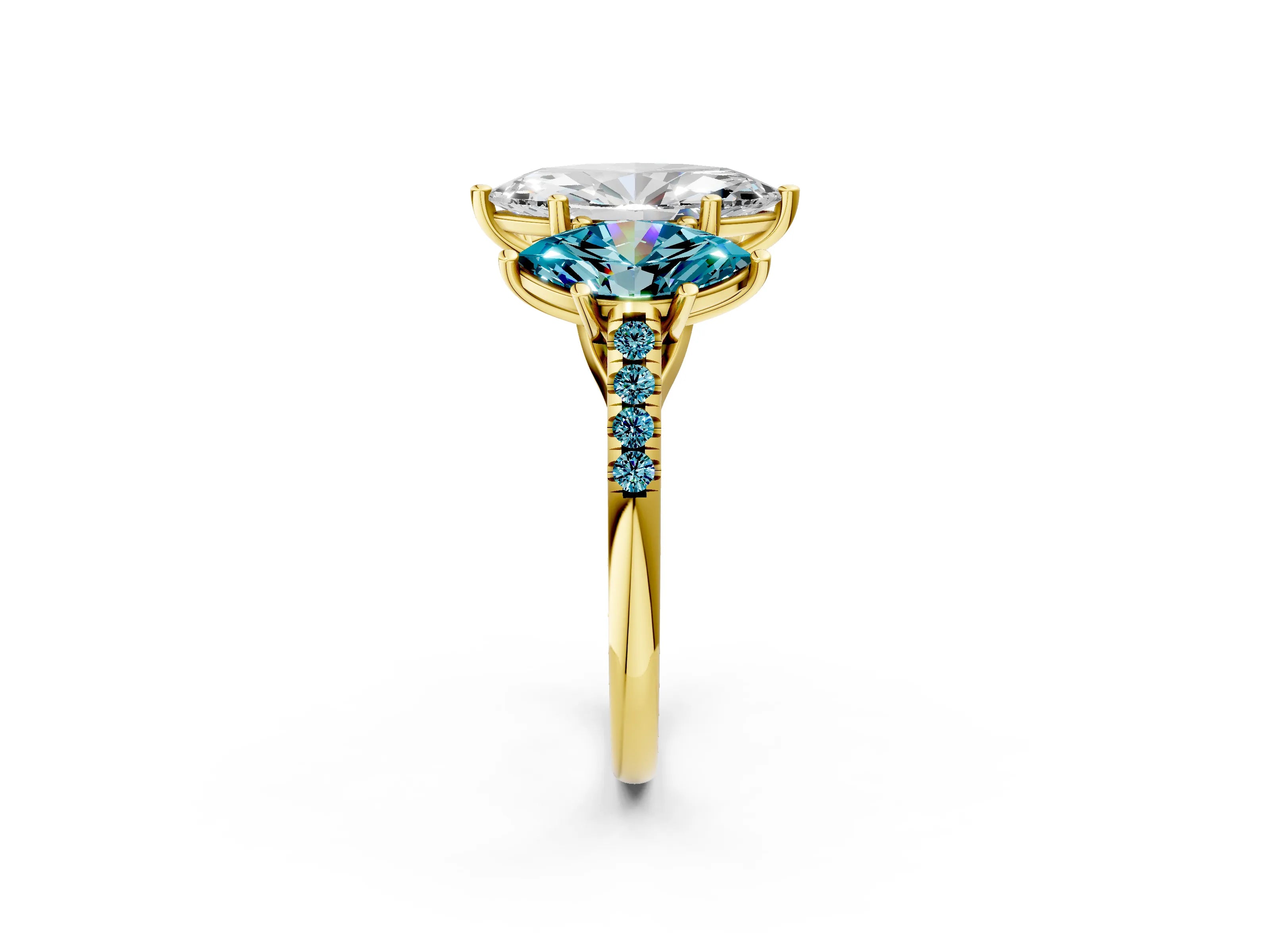 Yellow gold Three-Stone Marquise Cut Diamond Ring with Round with Blue Topaz side stone Pavé Band and Prong Setting_2