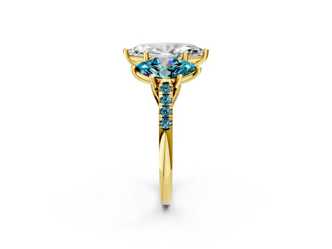 Yellow gold Three-Stone Marquise Cut Diamond Ring with Round with Blue Topaz side stone Pavé Band and Prong Setting_2