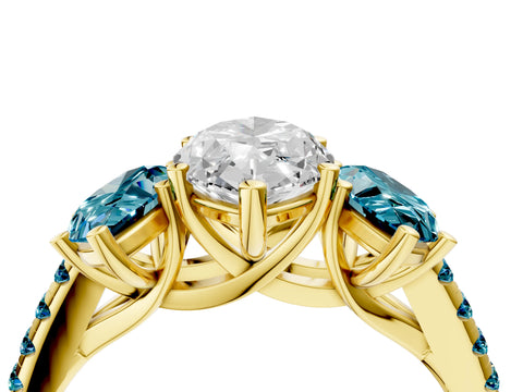 Yellow gold Three-Stone Marquise Cut Diamond Ring with Round with Blue Topaz side stone Pavé Band and Prong Setting_4
