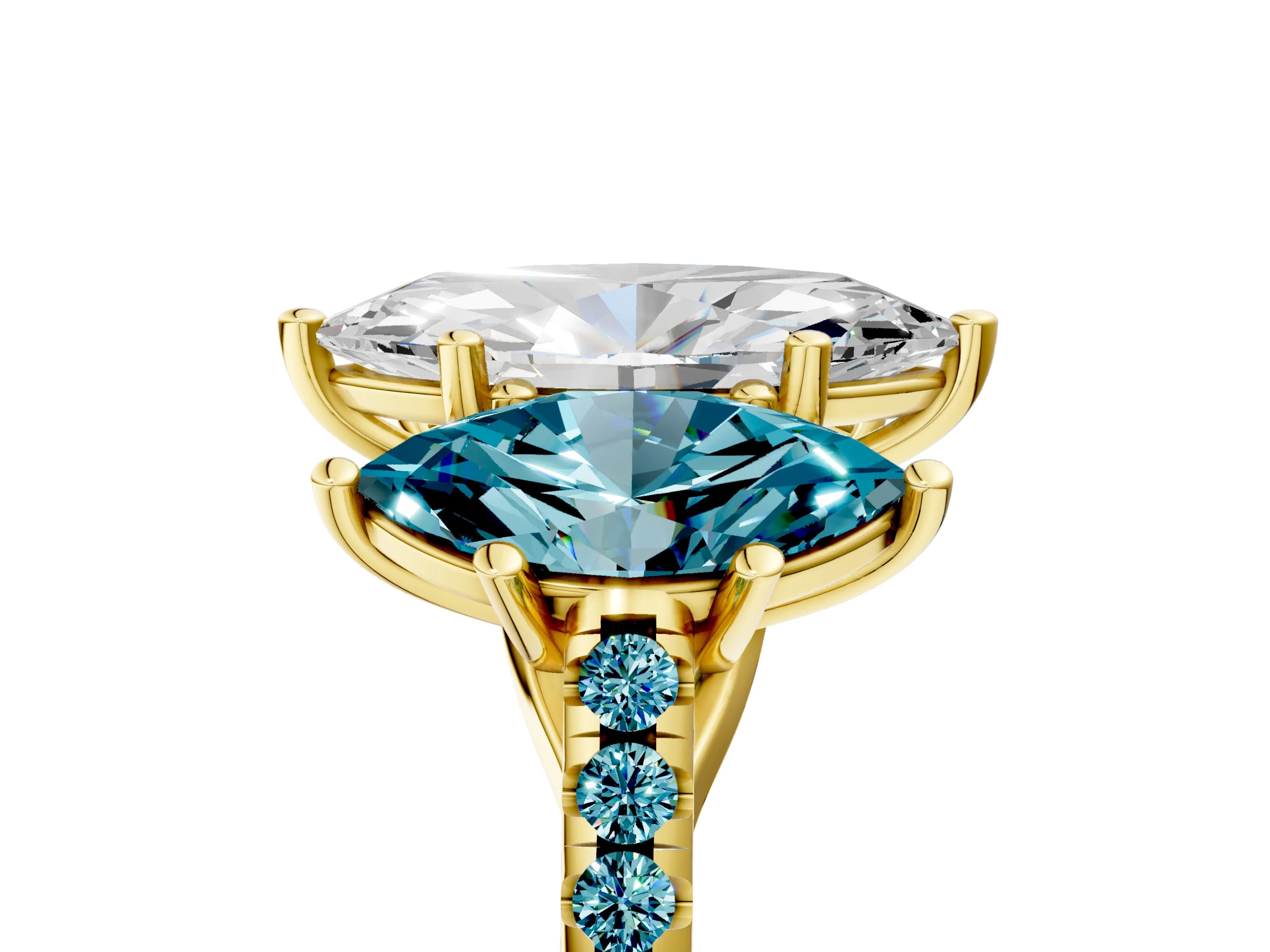 Yellow gold Three-Stone Marquise Cut Diamond Ring with Round with Blue Topaz side stone Pavé Band and Prong Setting_5
