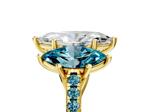Yellow gold Three-Stone Marquise Cut Diamond Ring with Round with Blue Topaz side stone Pavé Band and Prong Setting_5