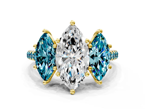 Yellow gold Three-Stone Marquise Cut Diamond Ring with Round with Blue Topaz side stone Pavé Band and Prong Setting