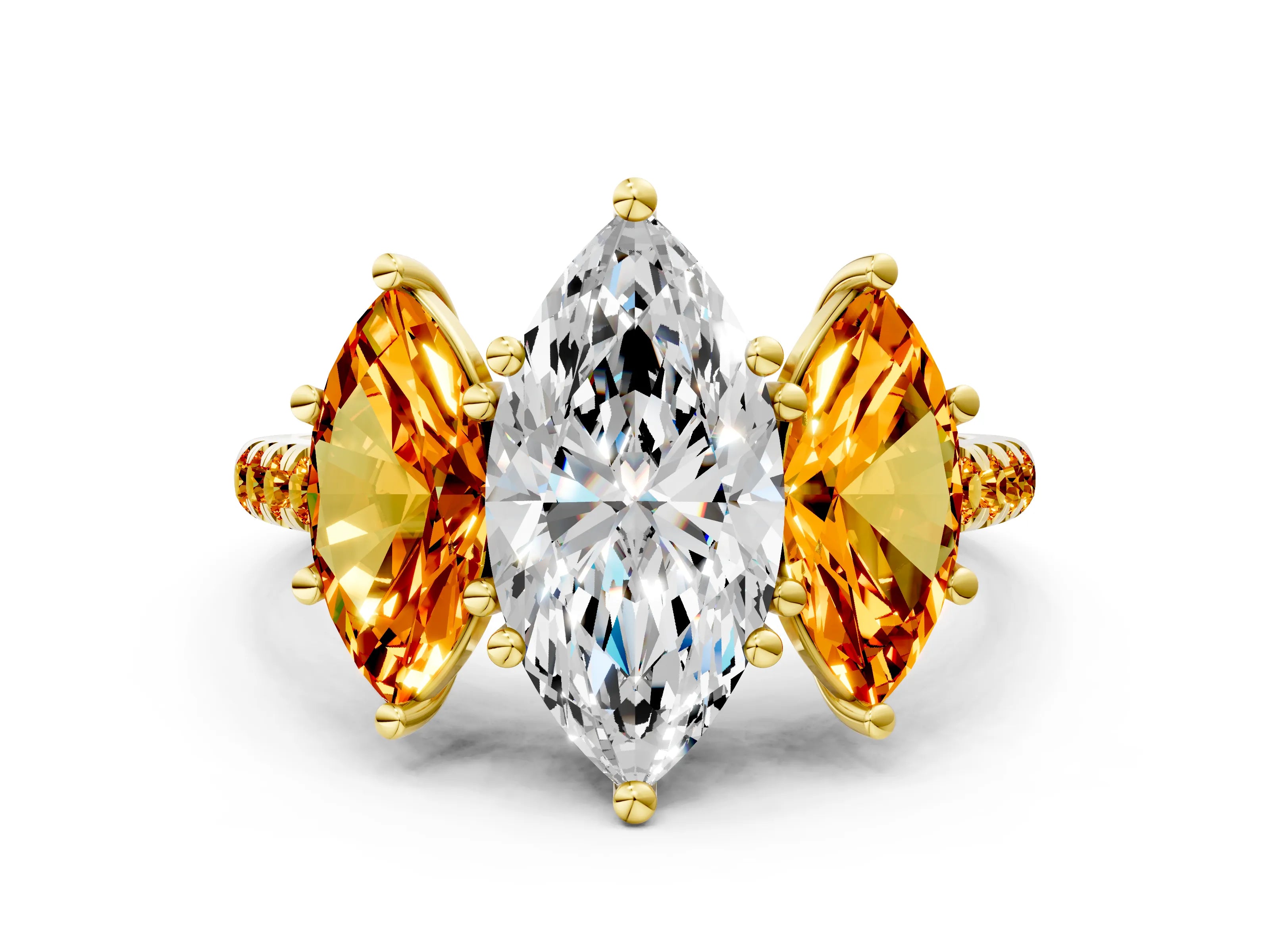 Yellow gold Three-Stone Marquise Cut Diamond Ring with Round with Citrine side stone Pavé Band and Prong Setting