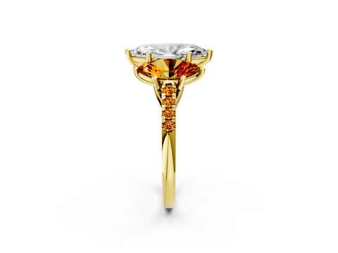 Yellow gold Three-Stone Marquise Cut Diamond Ring with Round with Citrine side stone Pavé Band and Prong Setting_2
