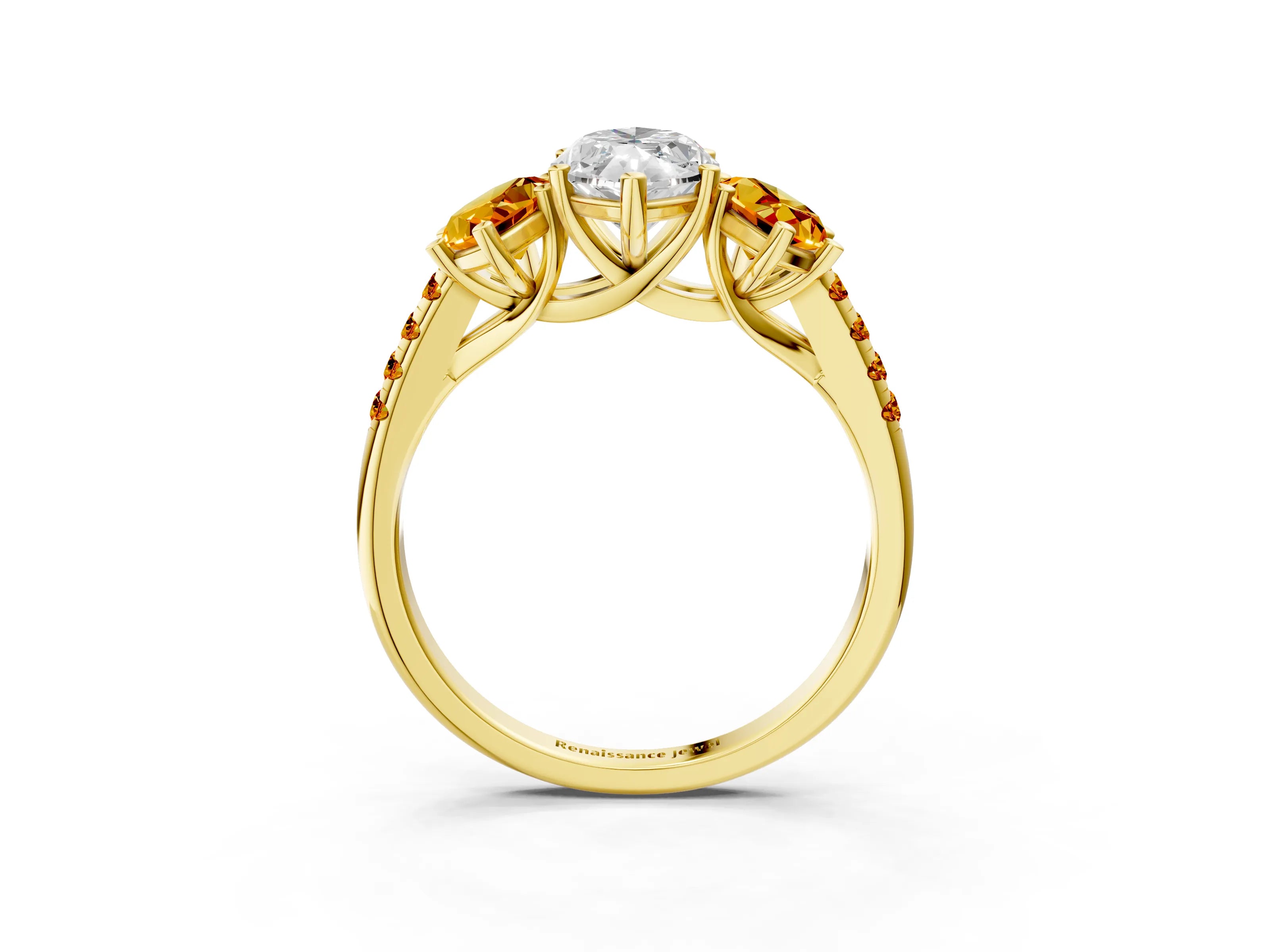 Yellow gold Three-Stone Marquise Cut Diamond Ring with Round with Citrine side stone Pavé Band and Prong Setting_3