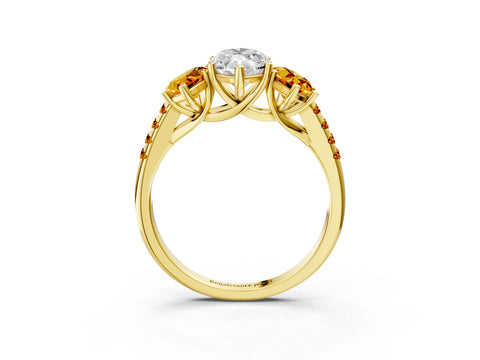 Yellow gold Three-Stone Marquise Cut Diamond Ring with Round with Citrine side stone Pavé Band and Prong Setting_3
