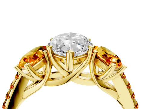 Yellow gold Three-Stone Marquise Cut Diamond Ring with Round with Citrine side stone Pavé Band and Prong Setting_4