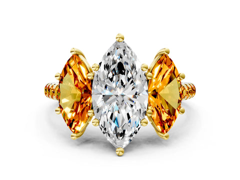 Yellow gold Three-Stone Marquise Cut Diamond Ring with Round with Citrine side stone Pavé Band and Prong Setting