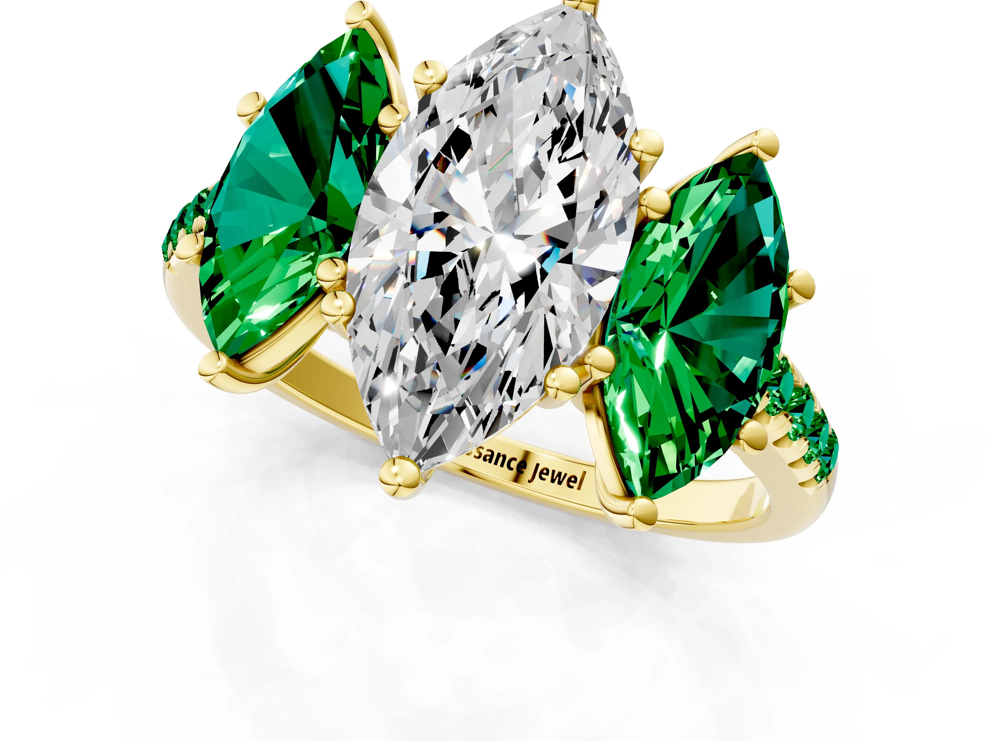 Yellow gold Three-Stone Marquise Cut Diamond Ring with Round with Emerald side stone Pavé Band and Prong Setting_1