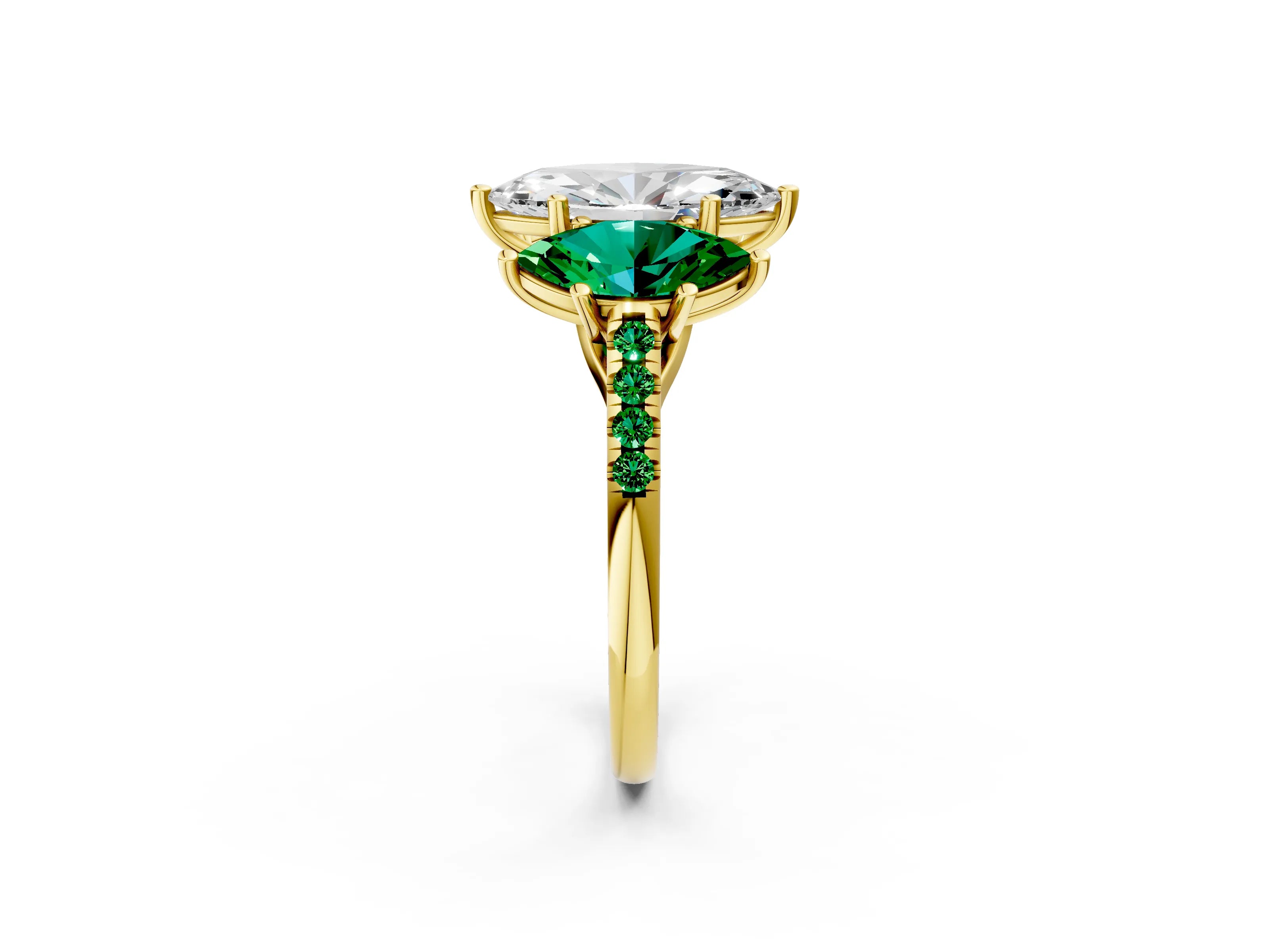Yellow gold Three-Stone Marquise Cut Diamond Ring with Round with Emerald side stone Pavé Band and Prong Setting_2