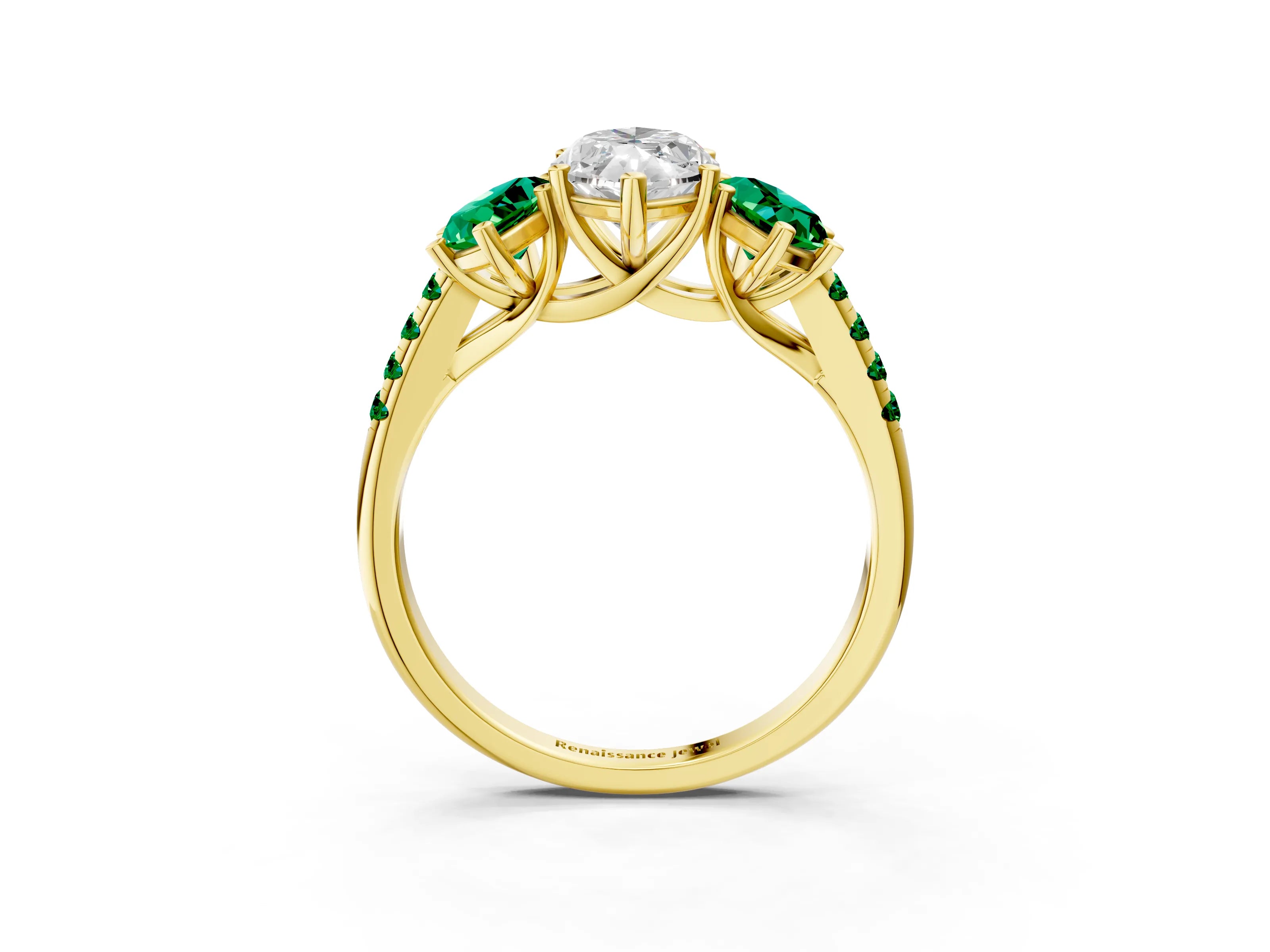 Yellow gold Three-Stone Marquise Cut Diamond Ring with Round with Emerald side stone Pavé Band and Prong Setting_3