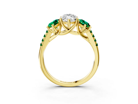 Yellow gold Three-Stone Marquise Cut Diamond Ring with Round with Emerald side stone Pavé Band and Prong Setting_3
