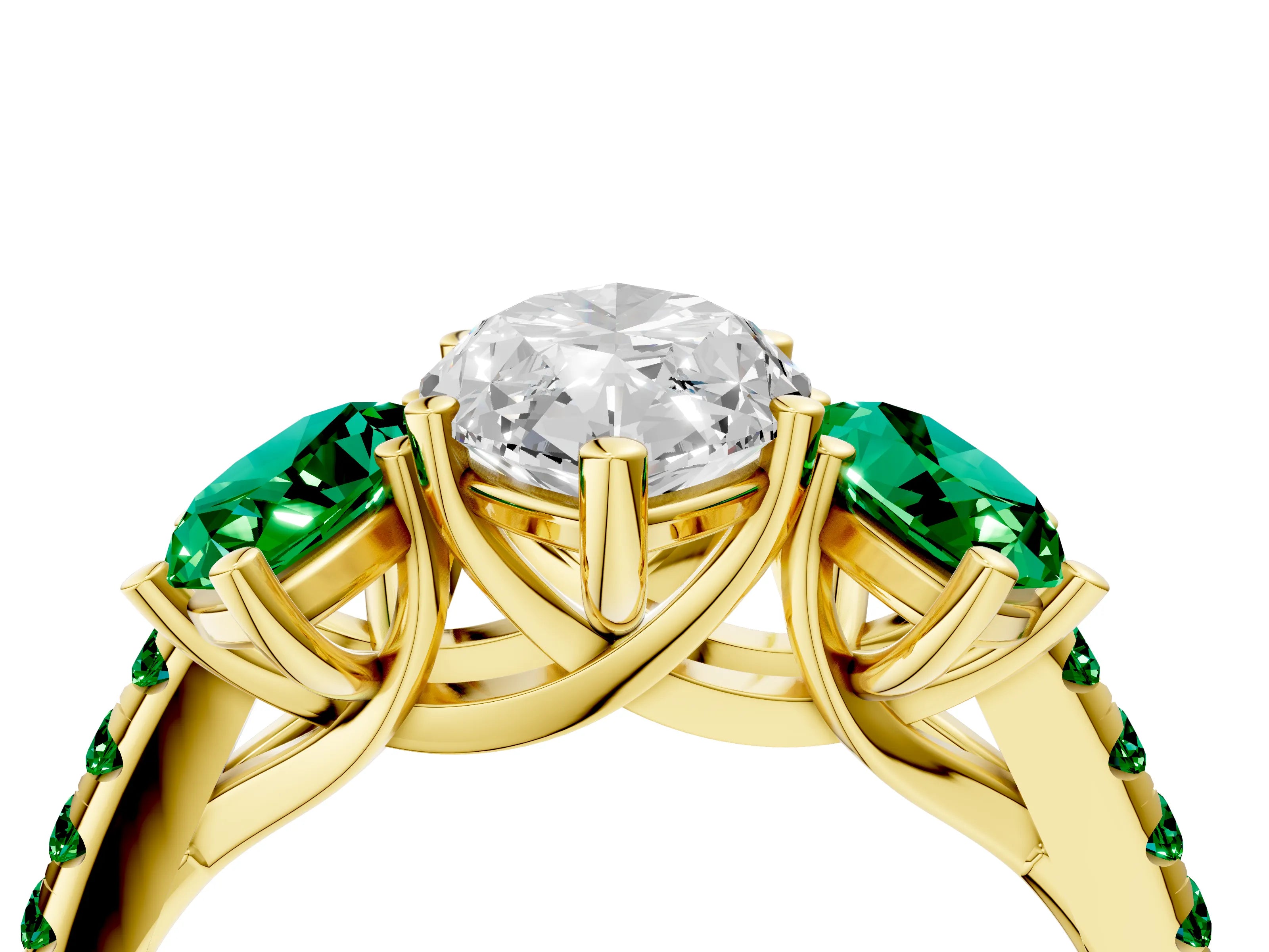 Yellow gold Three-Stone Marquise Cut Diamond Ring with Round with Emerald side stone Pavé Band and Prong Setting_4